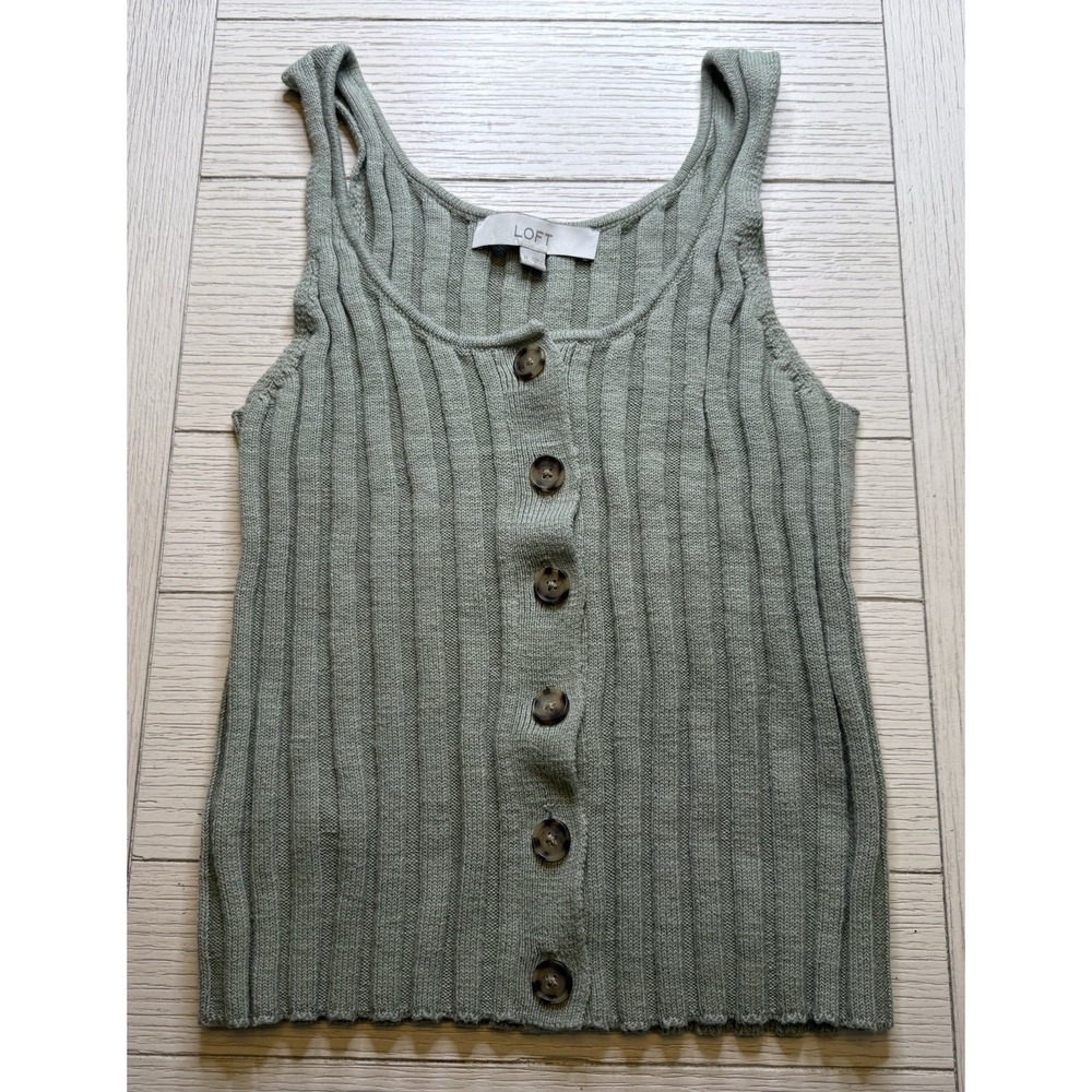Loft Button Front Cotton Blend Sweater Tank Top Sage Green Sz M Classic Boho